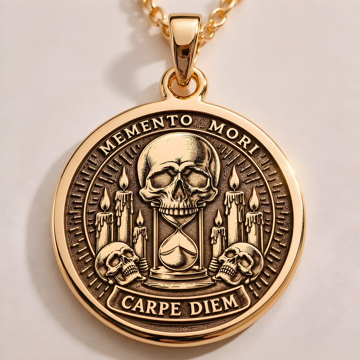 Gothic Skull Memento Mori Necklace in a gold finish, shown from the front with detailed engraving on the pendant.