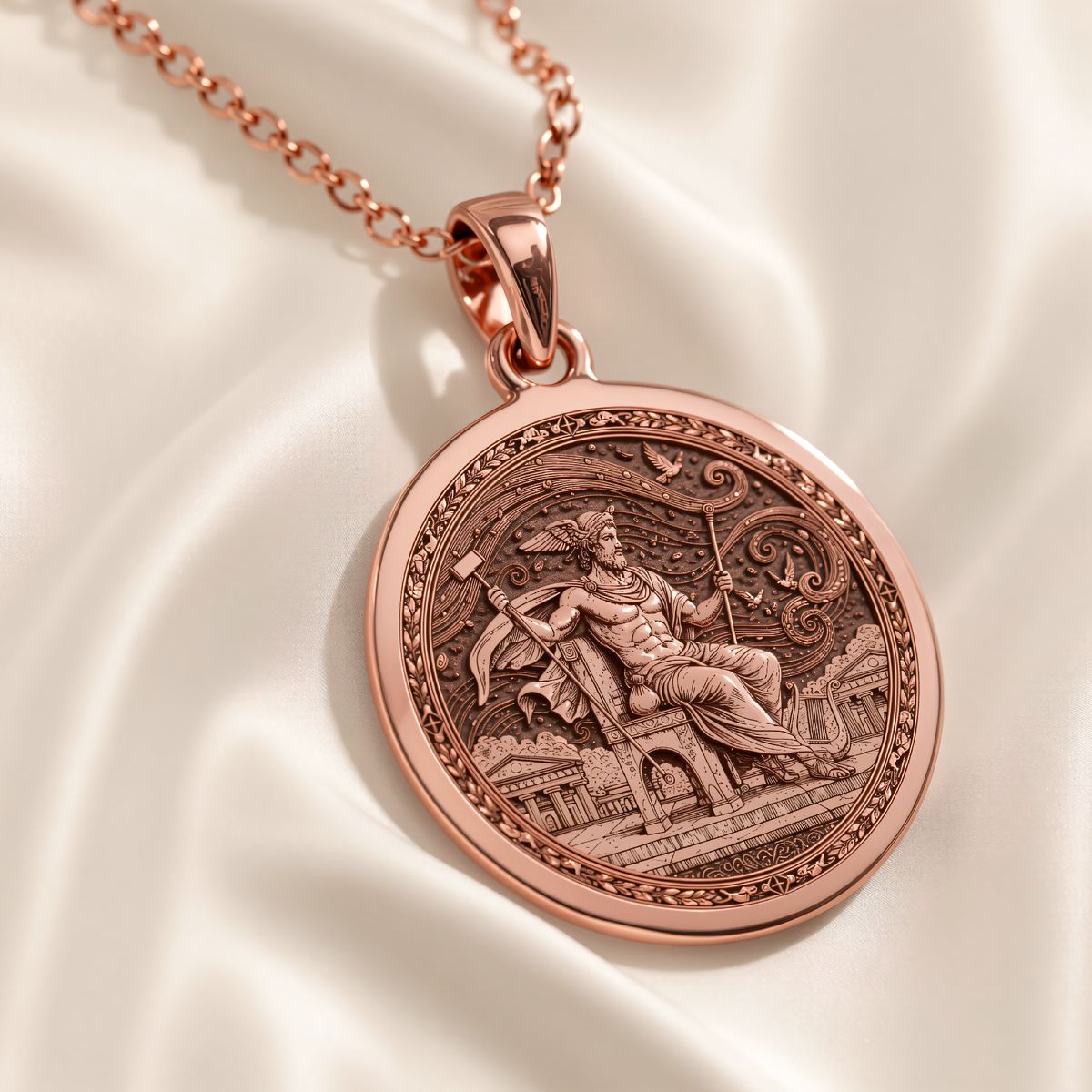 Greek Messenger God Hermes Pendant in a polished rose gold finish.