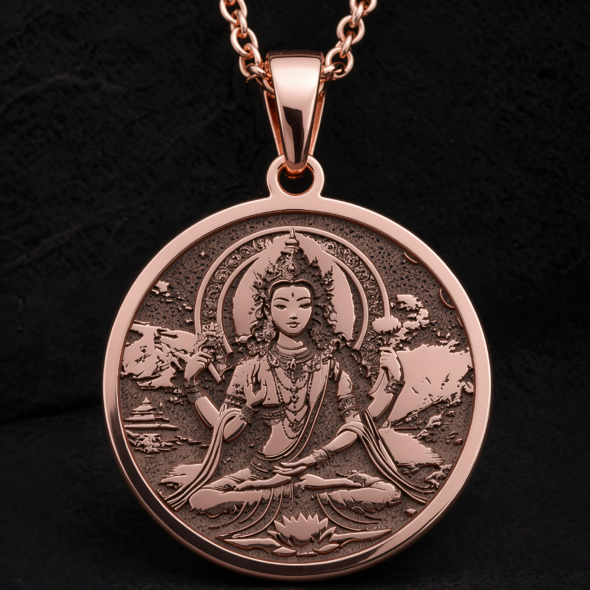 Green Tara Varada Mudra Amulet Necklace in a polished rose gold finish.