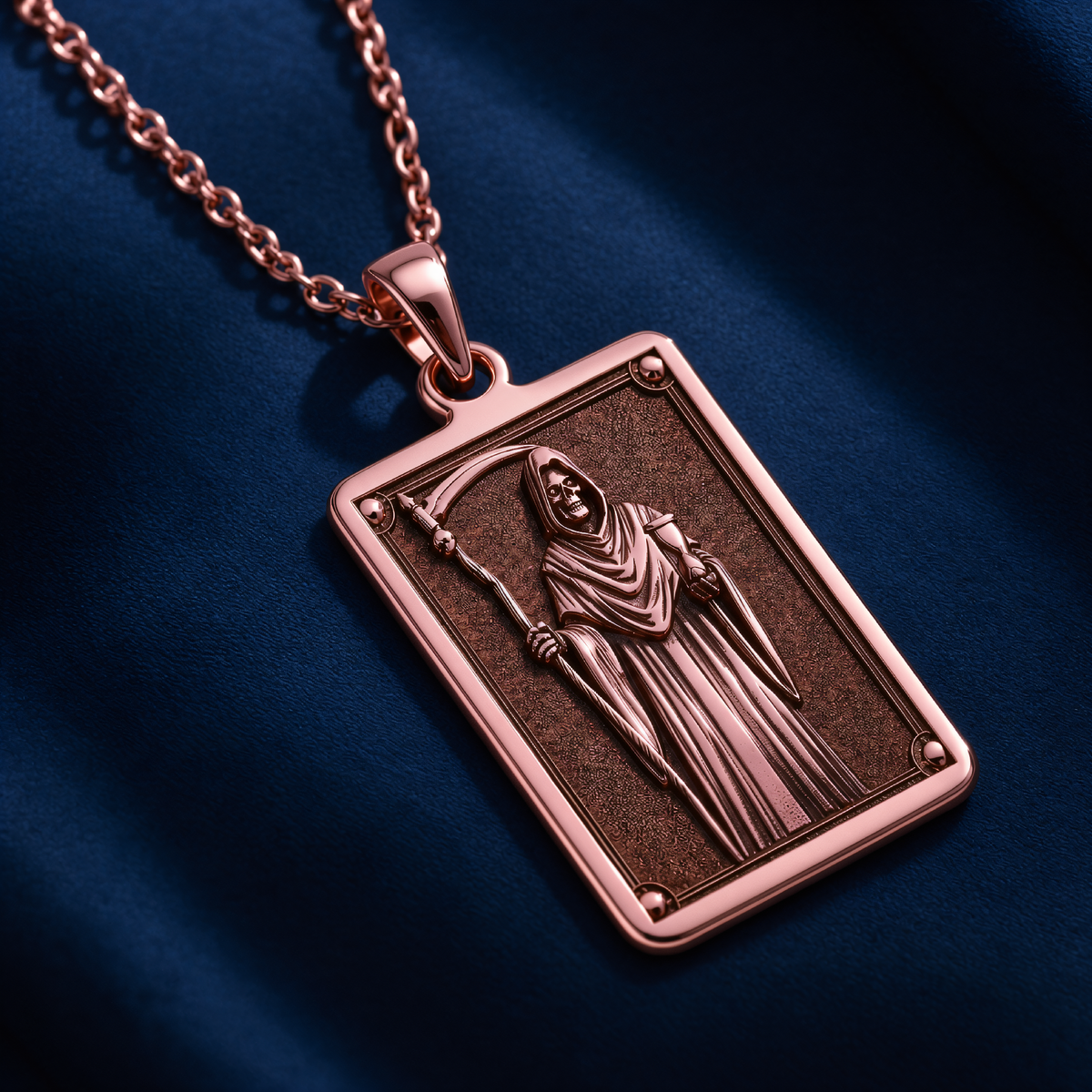 Grim Reaper Pendant Necklace in a polished rose gold finish.