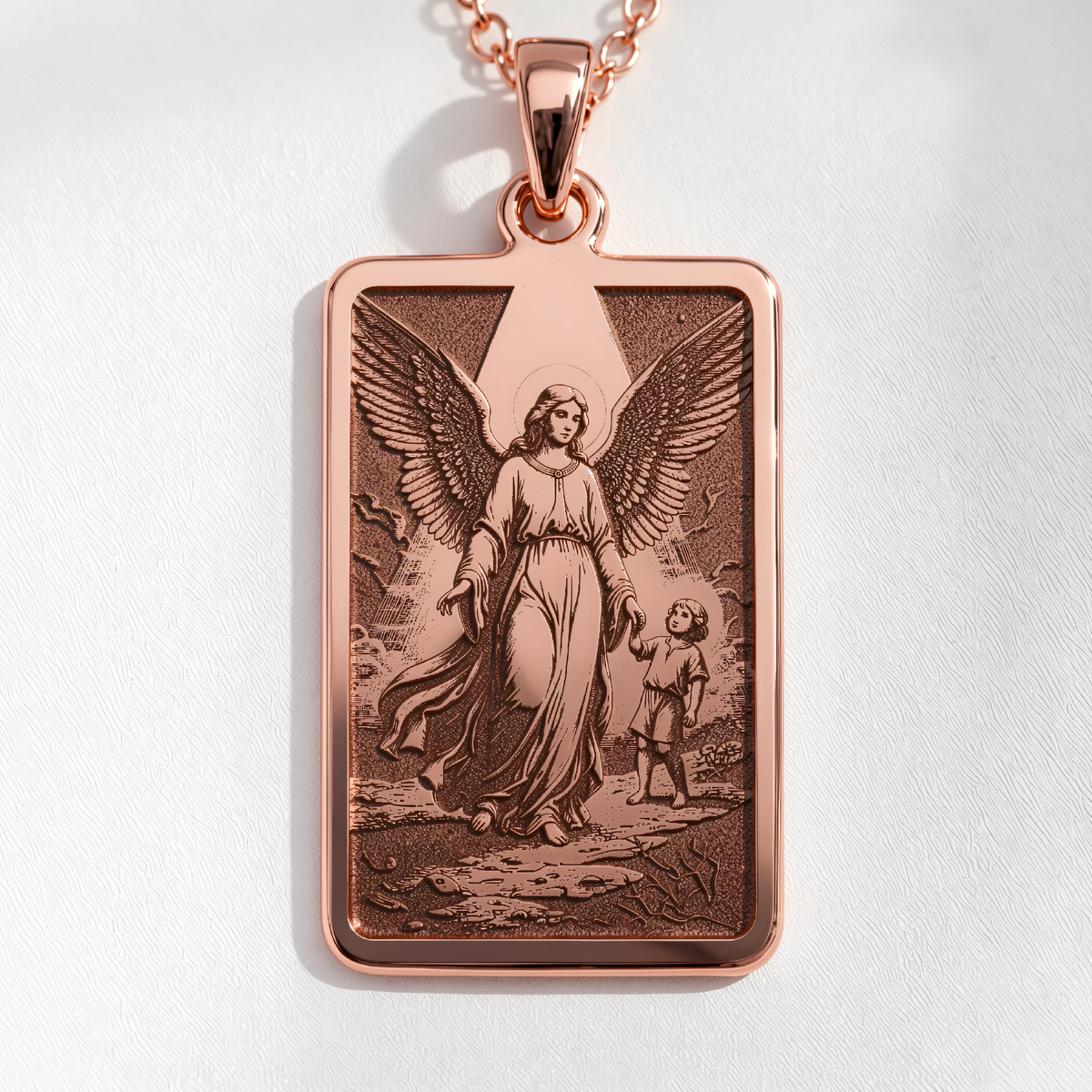 Guardian Angel Protection Amulet Necklace in a polished rose gold finish.