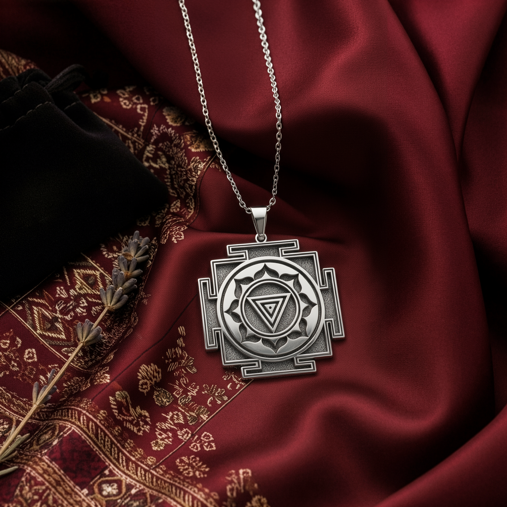 Kali Yantra Spiritual Protection Necklace — Solid 925 Sterling Silver macro relief detail