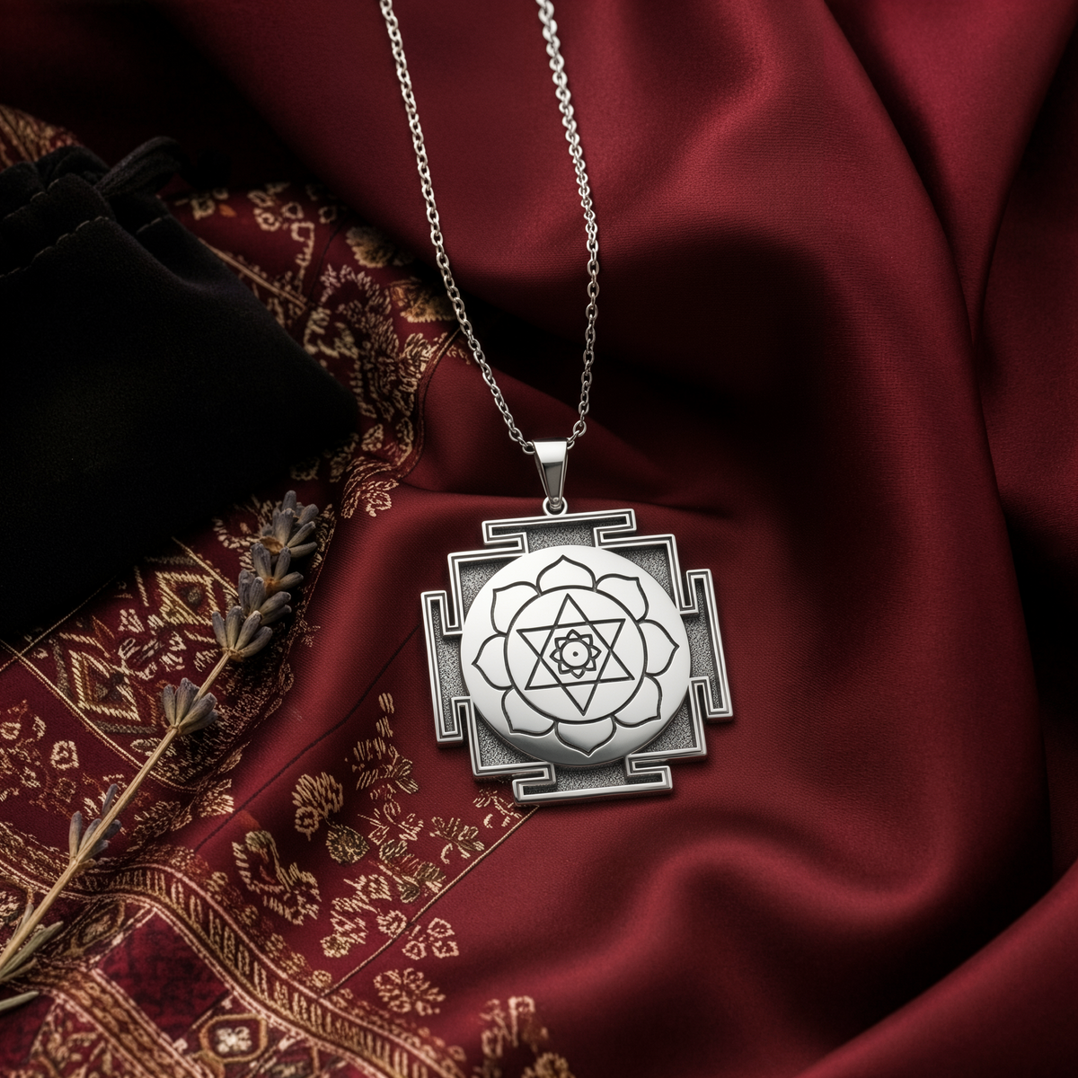 Kamala Yantra Protection Amulet Necklace — Solid 925 Sterling Silver macro relief detail