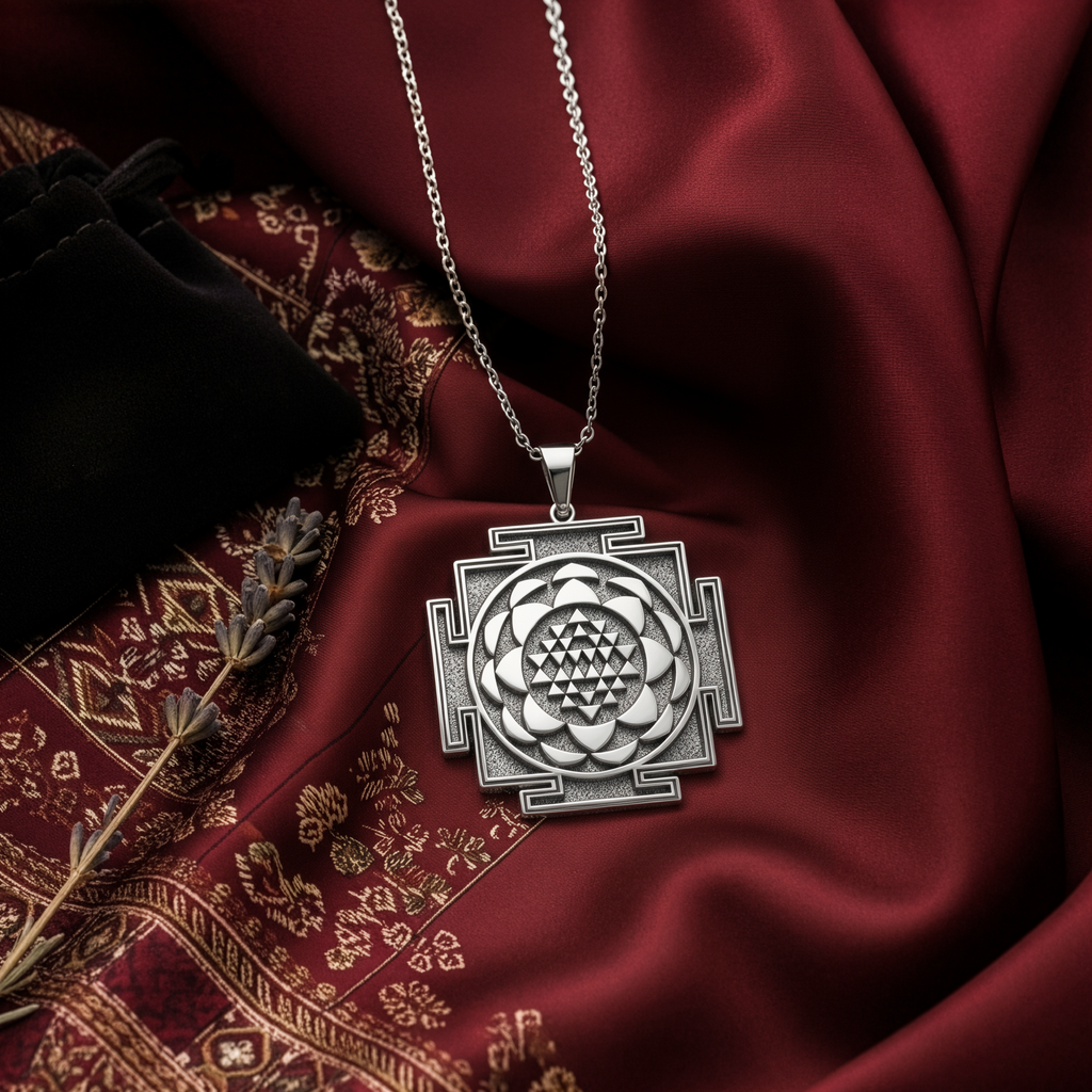 Saraswati Yantra Sacred Geometry Necklace — Solid 925 Sterling Silver macro relief detail