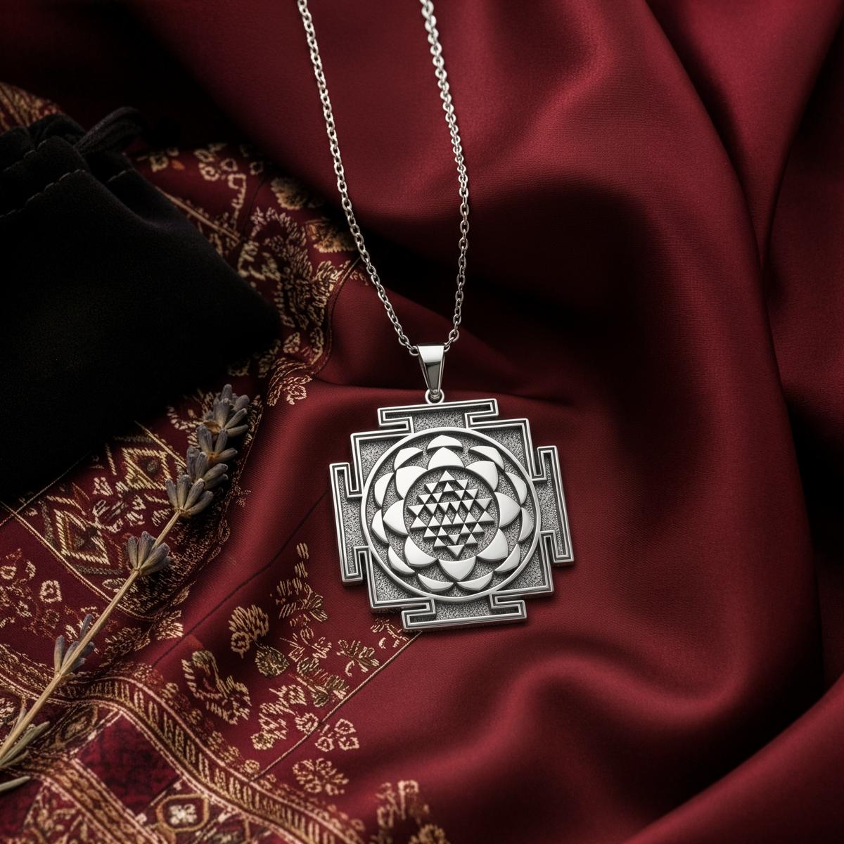 Saraswati Yantra Sacred Geometry Necklace — Solid 925 Sterling Silver macro relief detail