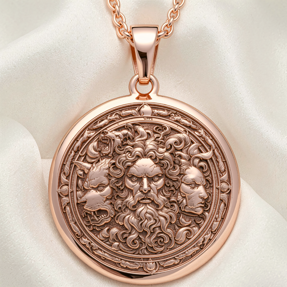Hades Three-Headed Dog Talisman Necklace | Silver & Plated Options - Ancient Mythology Protection Amulet - 14K Rose Gold Plated Front View