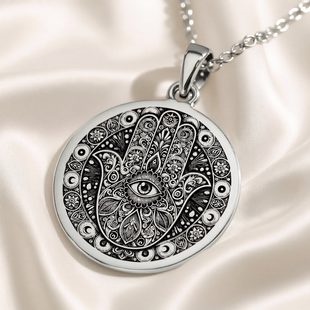Hamsa Hand Pendant Necklace - Silver Protection Amulet - 925 Sterling Silver