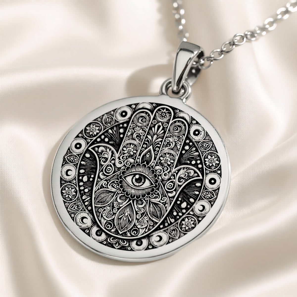 Hamsa Hand Pendant Necklace - Silver Protection Amulet - 925 Sterling Silver