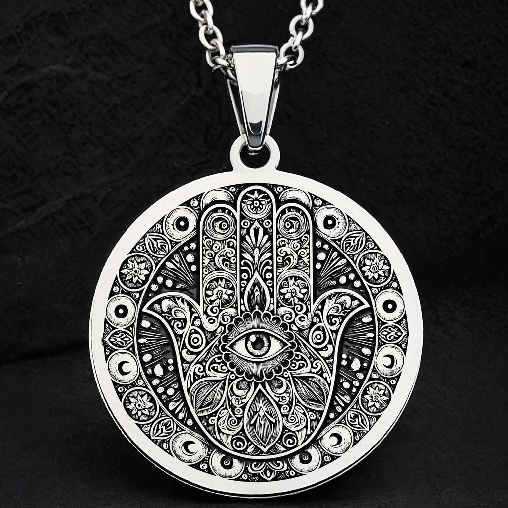 Hamsa Hand Pendant Necklace - Silver Protection Amulet - 925 Sterling Silver