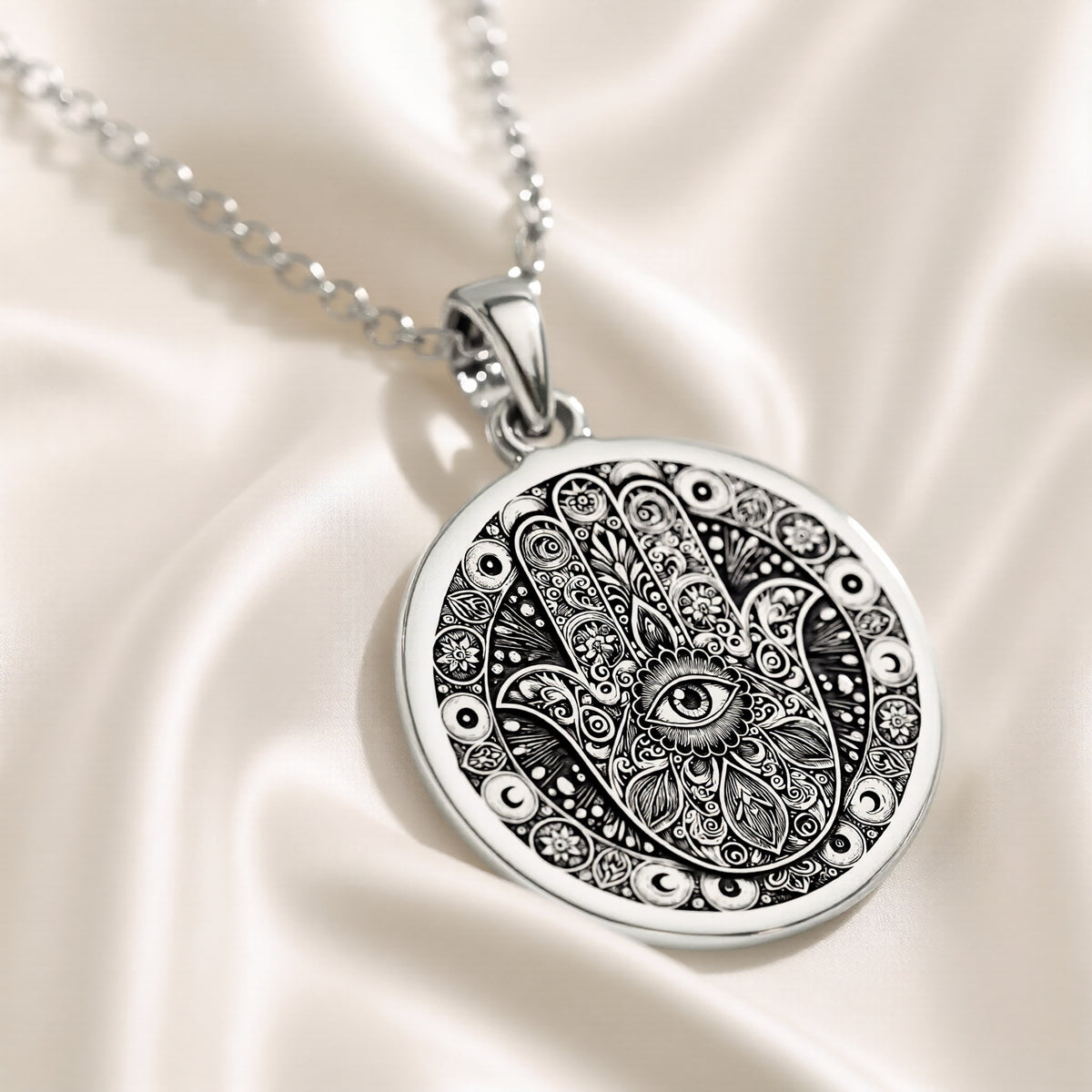 Hamsa Hand Pendant Necklace - Silver Protection Amulet - 925 Sterling Silver