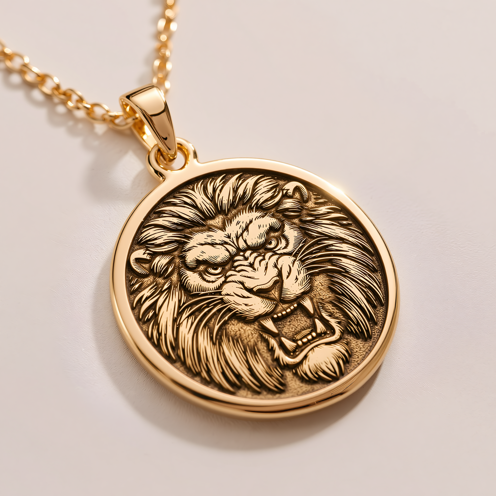 Handmade Jungle King Lion Pendant - 14K Solid Gold, Left Angle View