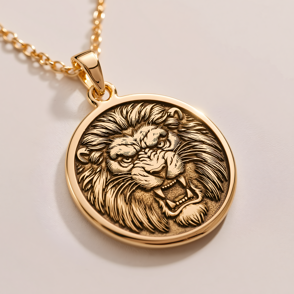 Handmade Jungle King Lion Pendant - 14K Solid Gold, Left Angle View