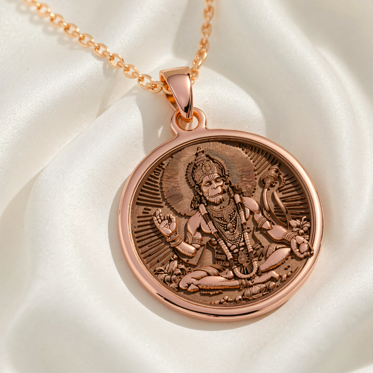 Front view of the Hanuman God necklace in rose gold plated finish, showing Lord Hanuman seated with halo and floral border.