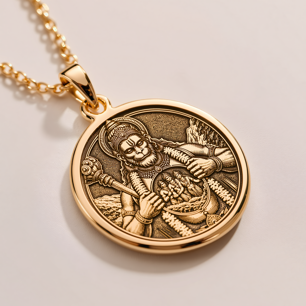Hanuman Monkey God Pendant - 14K Solid Gold, Left Angle View