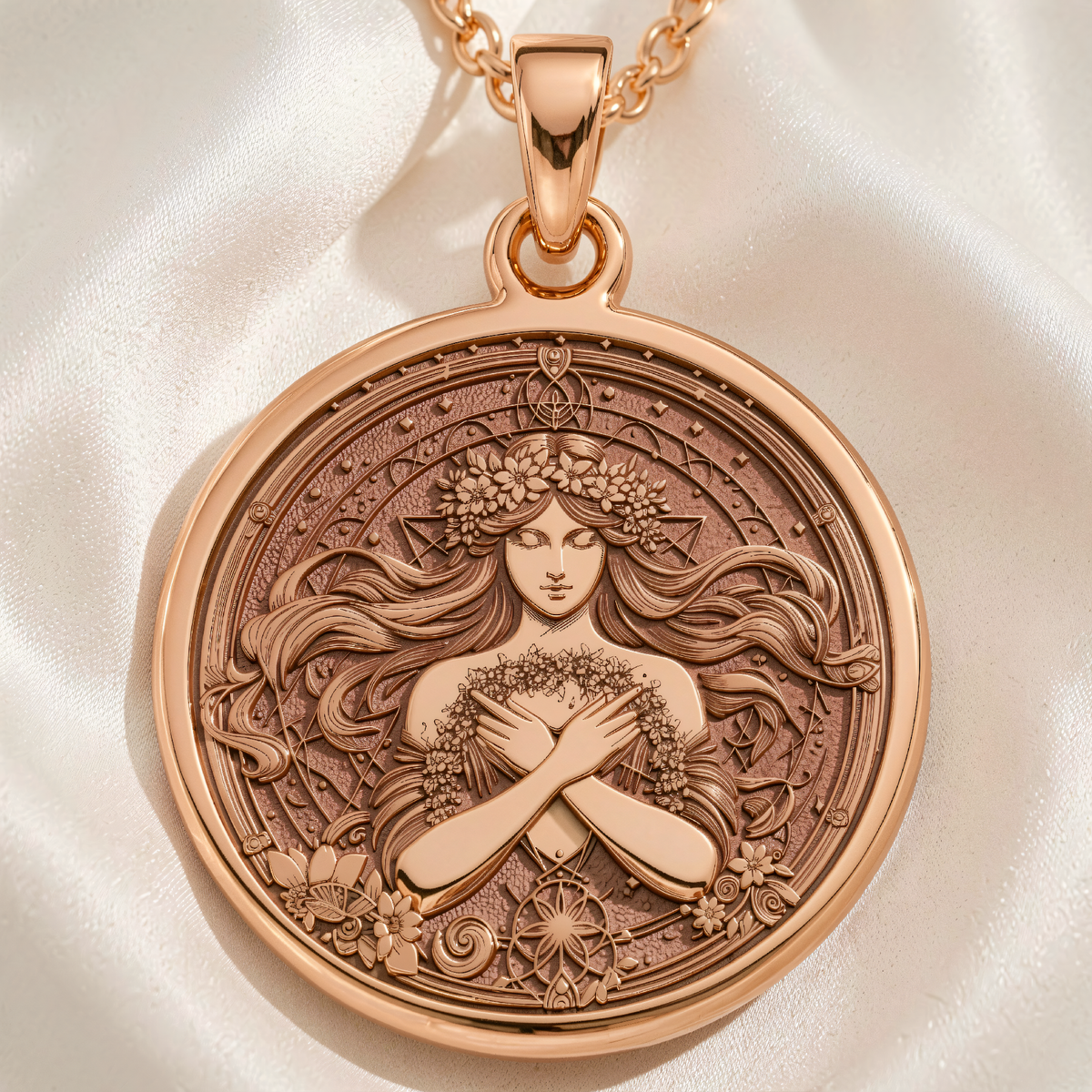 Harmonia Goddess Medallion | Silver & Plated Options - Ancient Mythology Protection Talisman - 14K Rose Gold Plated Front View