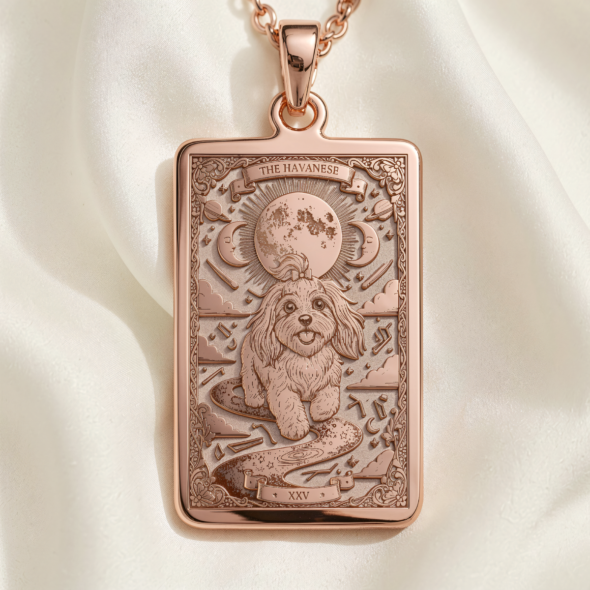Havanese Tarot Pendant Necklace - Silver Dog Card Charm - 14K Rose Gold Plated Front View