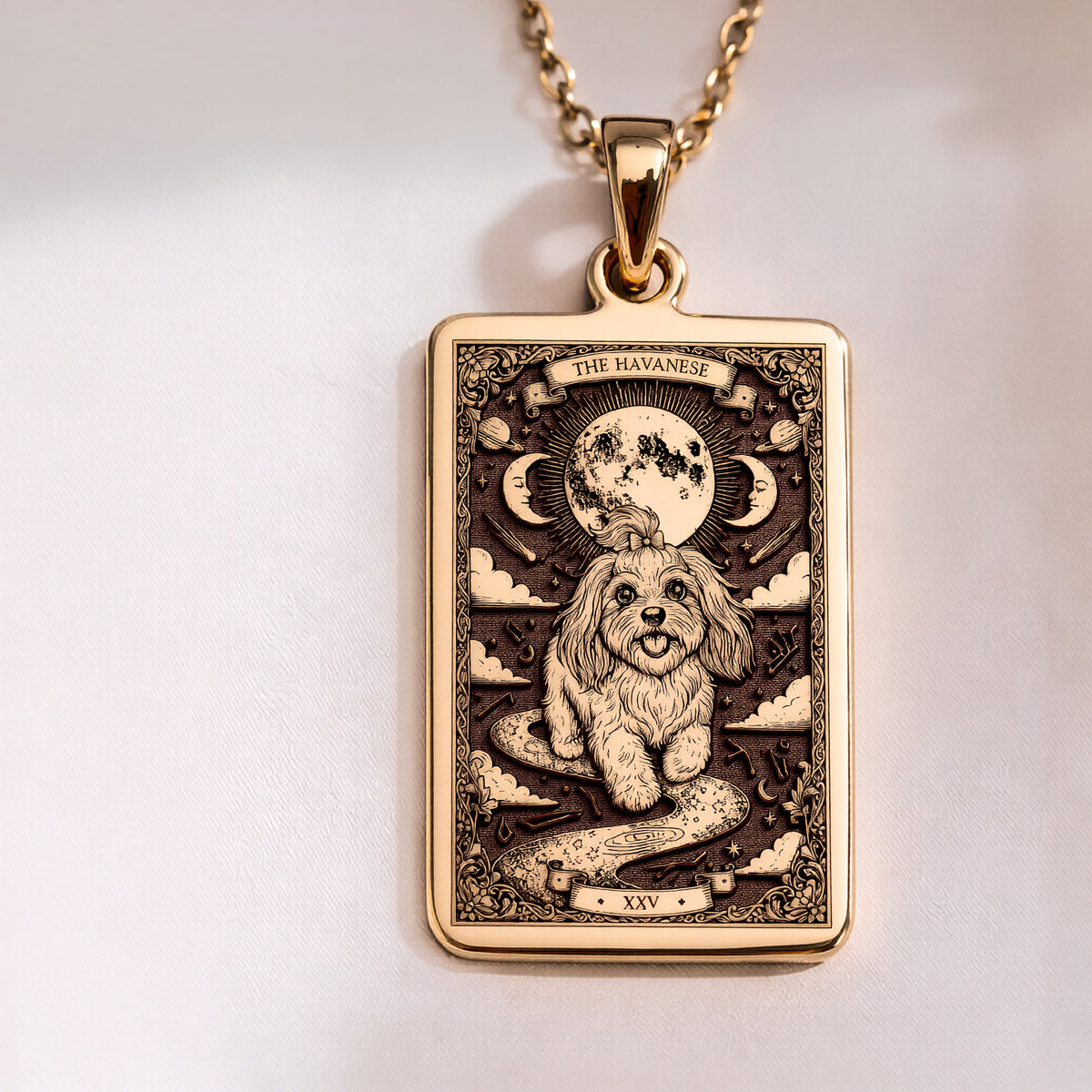 Havanese Tarot Pendant Necklace - Silver Dog Card Charm - 14K Gold Plated