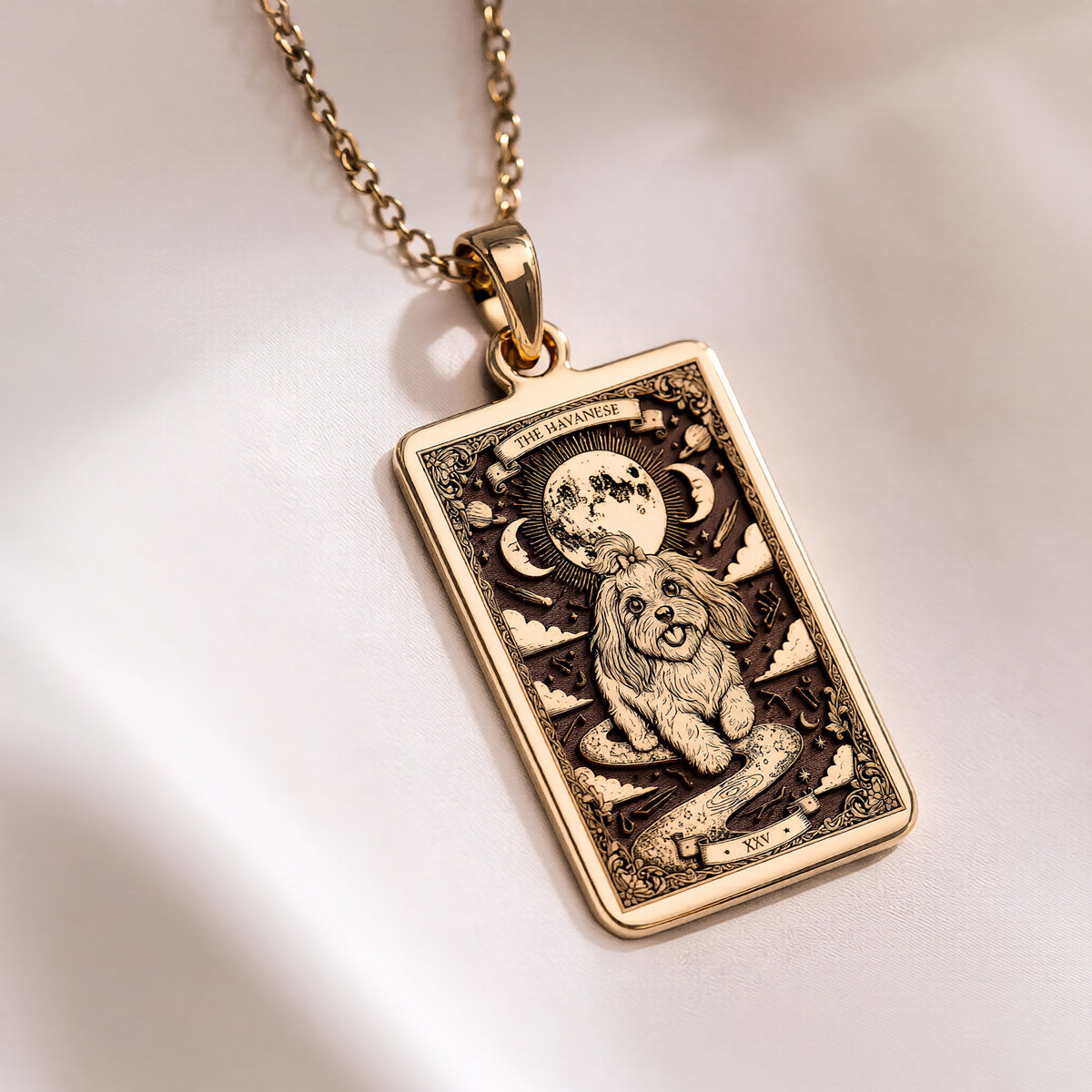 Havanese Tarot Pendant Necklace - Silver Dog Card Charm - 14K Gold Plated