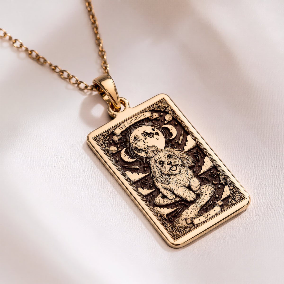 Havanese Tarot Pendant Necklace - Silver Dog Card Charm - 14K Gold Plated