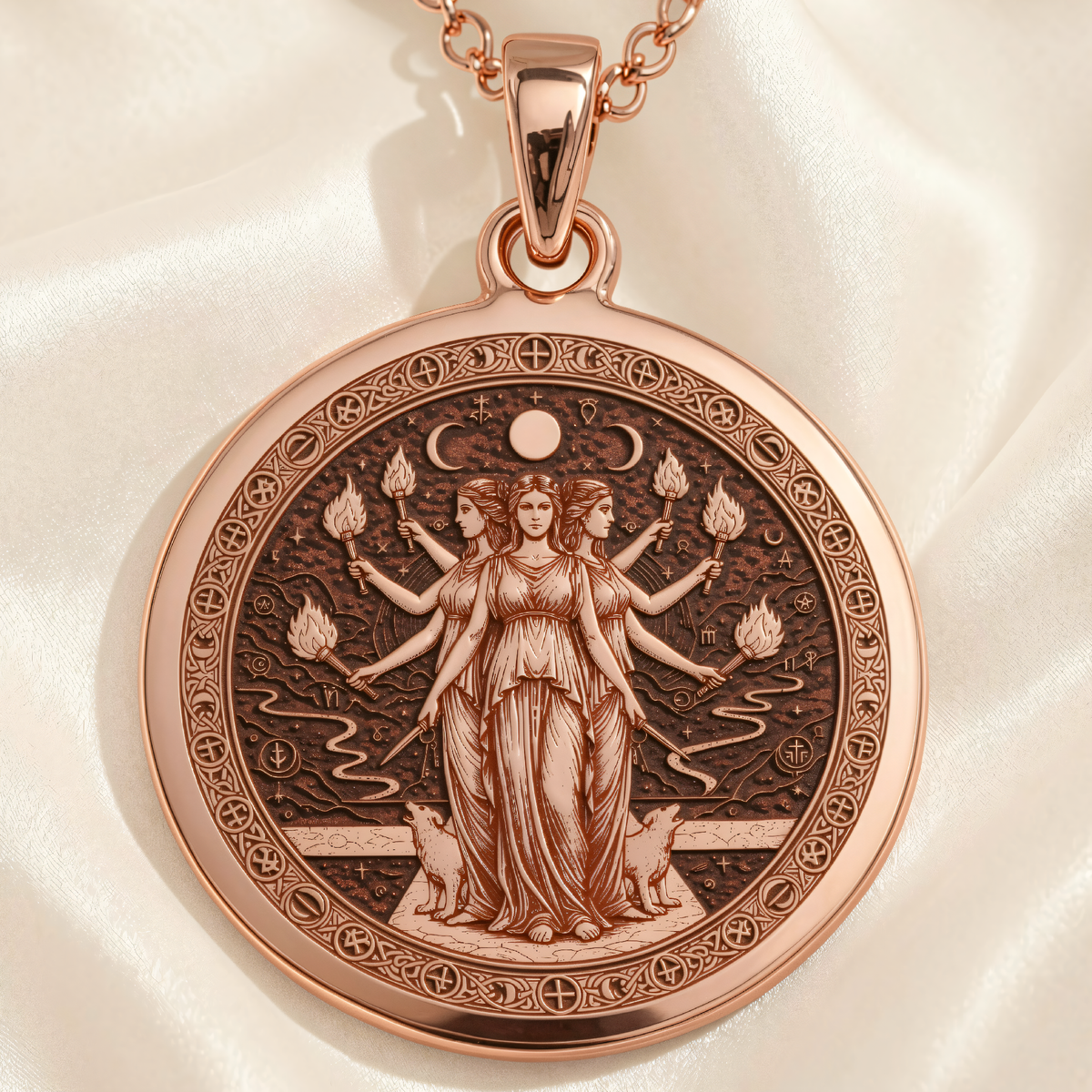 Hecate Goddess Pendant | Silver & Plated Options - Ancient Mythology Protection Talisman - 14K Rose Gold Plated Front View