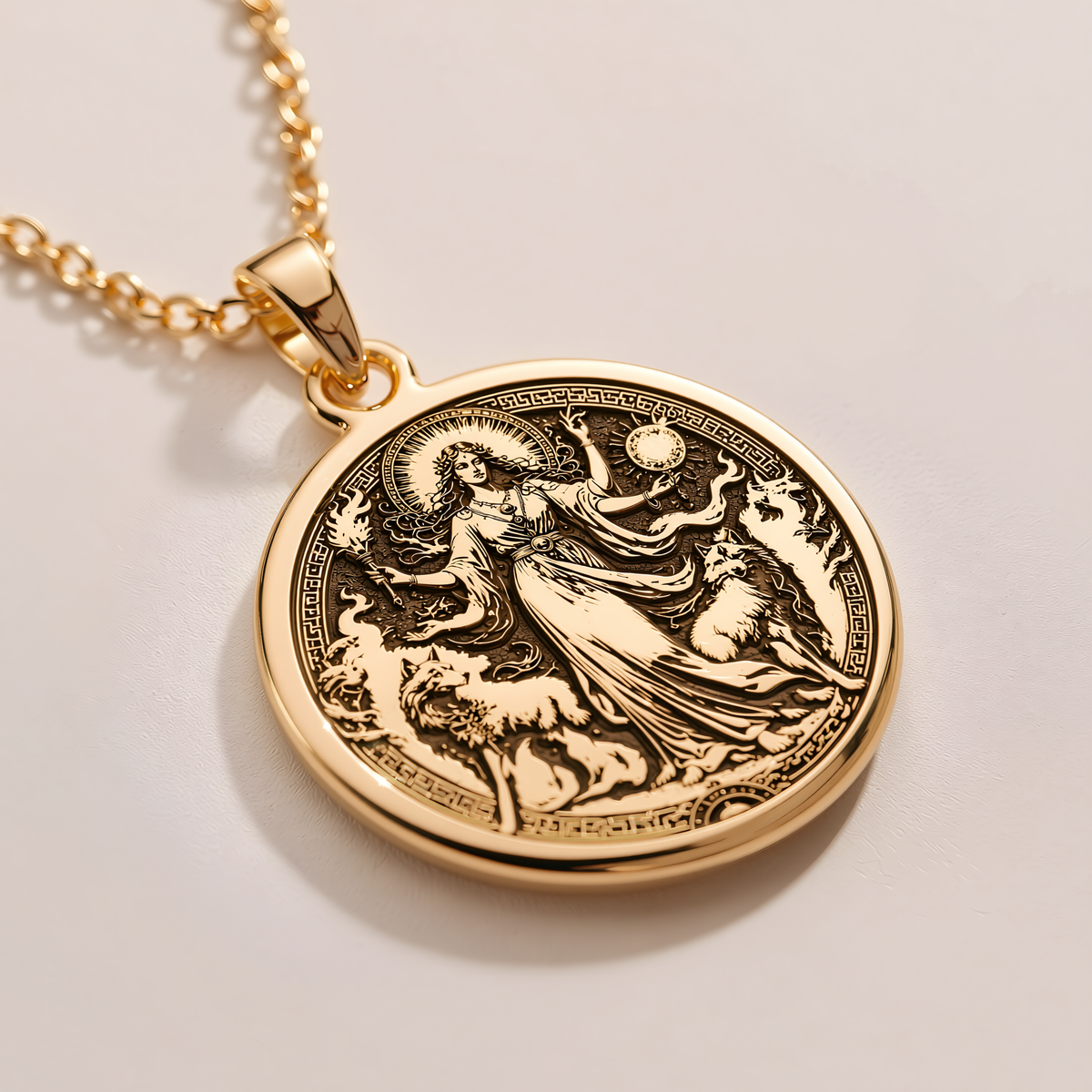 Hecate Goddess Triple Moon Necklace - 14K Solid Gold, Left Angle View