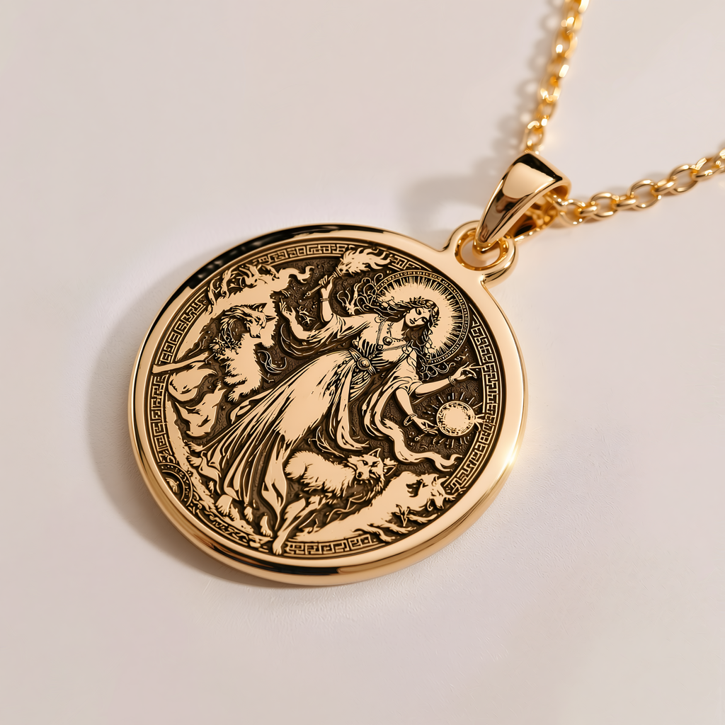Hecate Goddess Triple Moon Necklace - 14K Solid Gold, Right Angle View