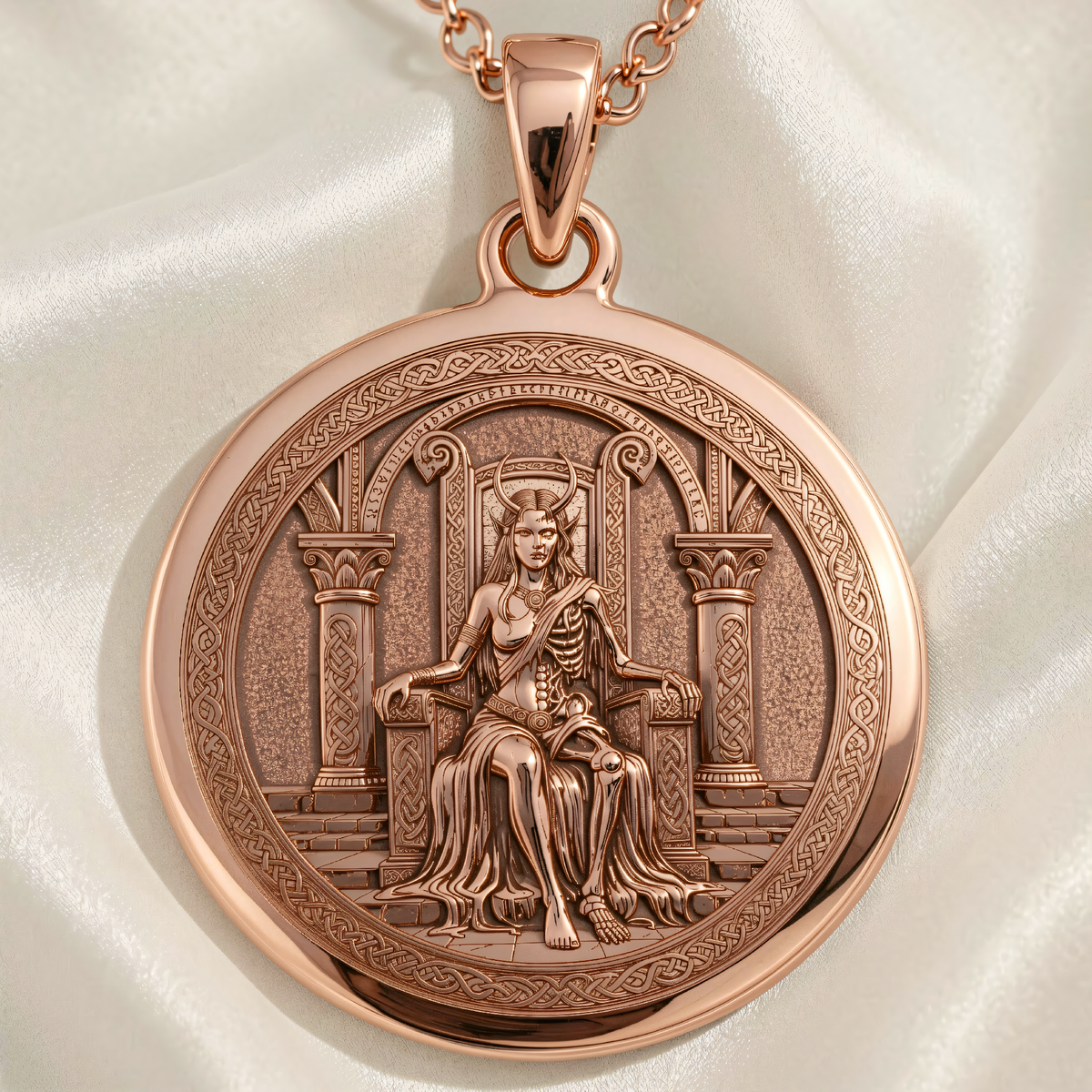 Front view of Hel Goddess Pendant Necklace in 14K rose gold plated, round medallion showing Hel seated on throne with skeletal half.