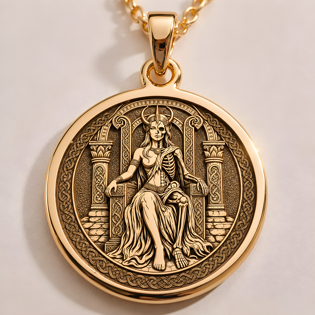 Hel Goddess Pendant Necklace in 14K solid gold. Gothic Memento Mori style gold necklace jewelry for occult lovers.