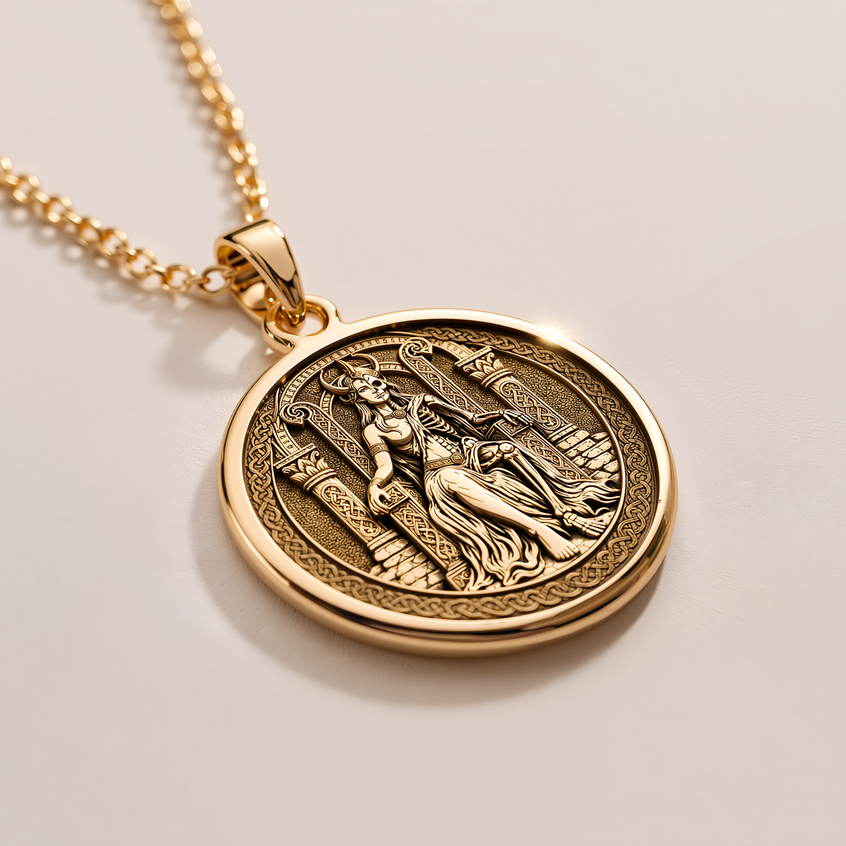 Hel Goddess Pendant Necklace - 14K Solid Gold, Left Angle View