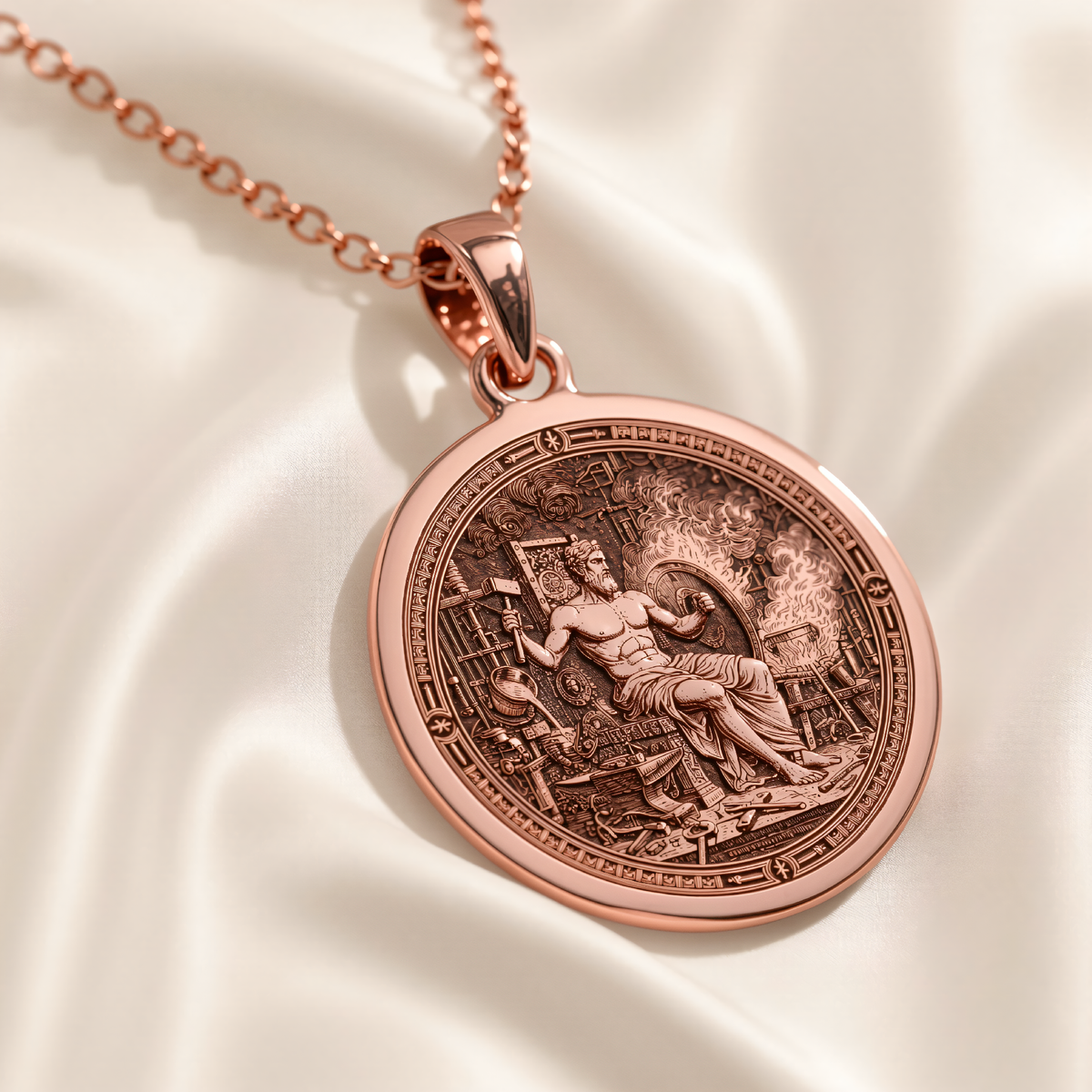 Hephaestus God of Fire Medallion Pendant in a polished rose gold finish.