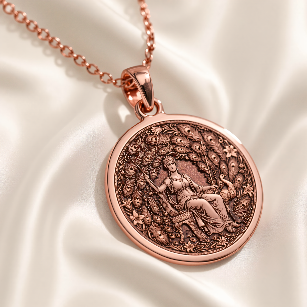 Hera Queen of the Gods Coin Pendant in a polished rose gold finish.
