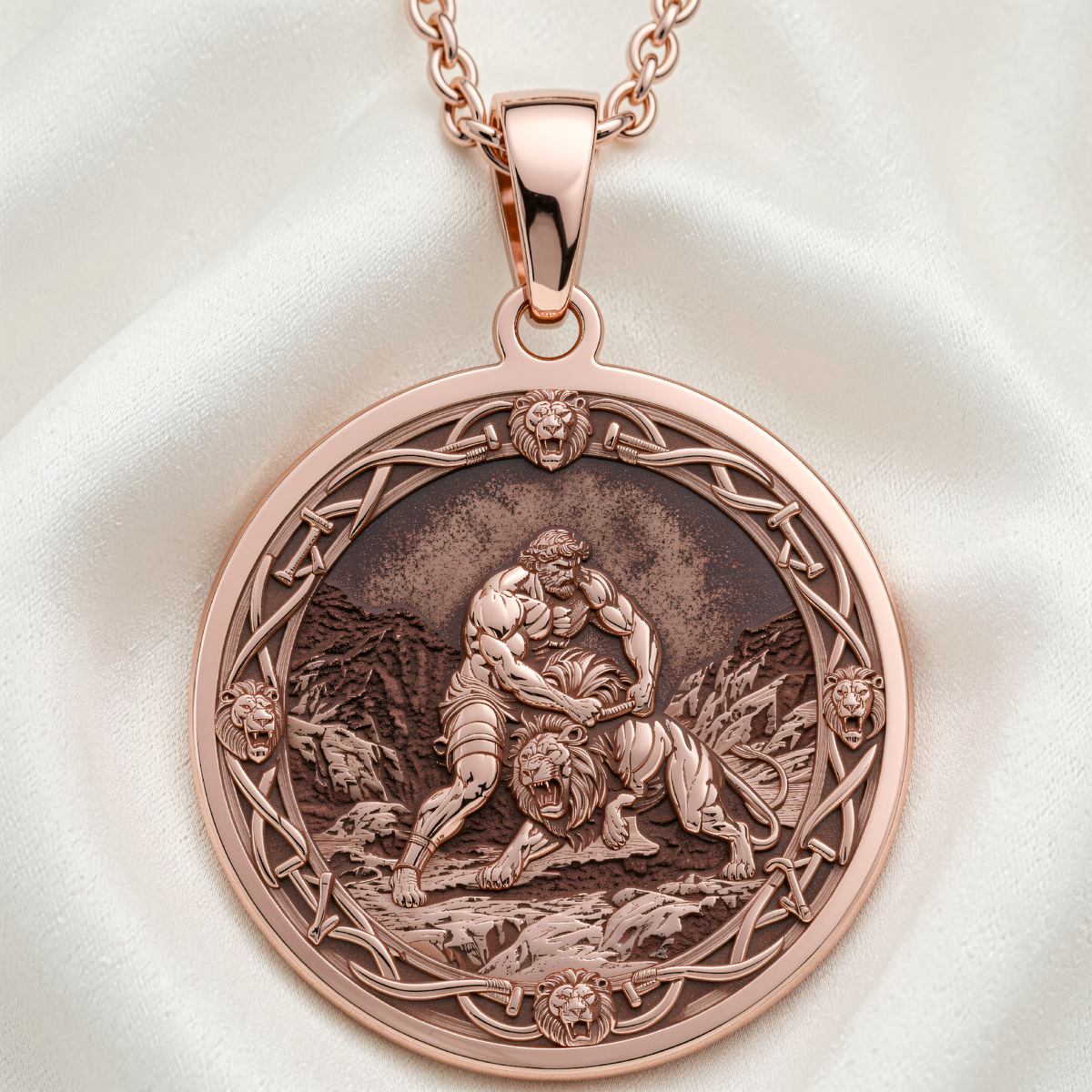 Hercules Lion Nemean Lion Pendant | Silver & Plated Options - Ancient Mythology Protection Talisman - 14K Rose Gold Plated Front View