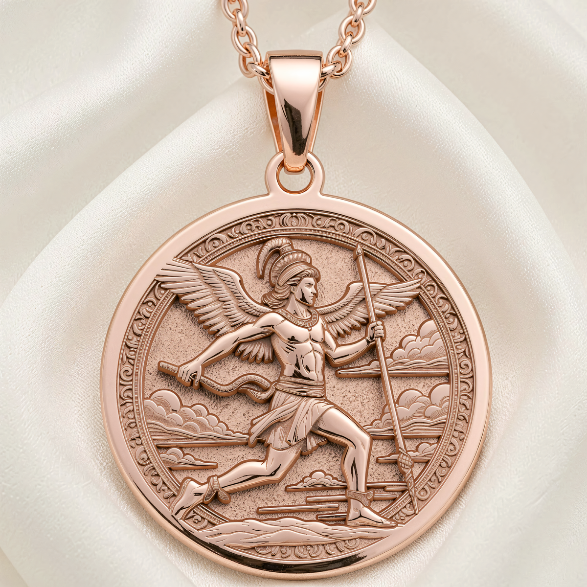 Hermes Medallion Greek God Necklace | Silver & Plated Options - Ancient Mythology Protection Talisman - 14K Rose Gold Plated Front View