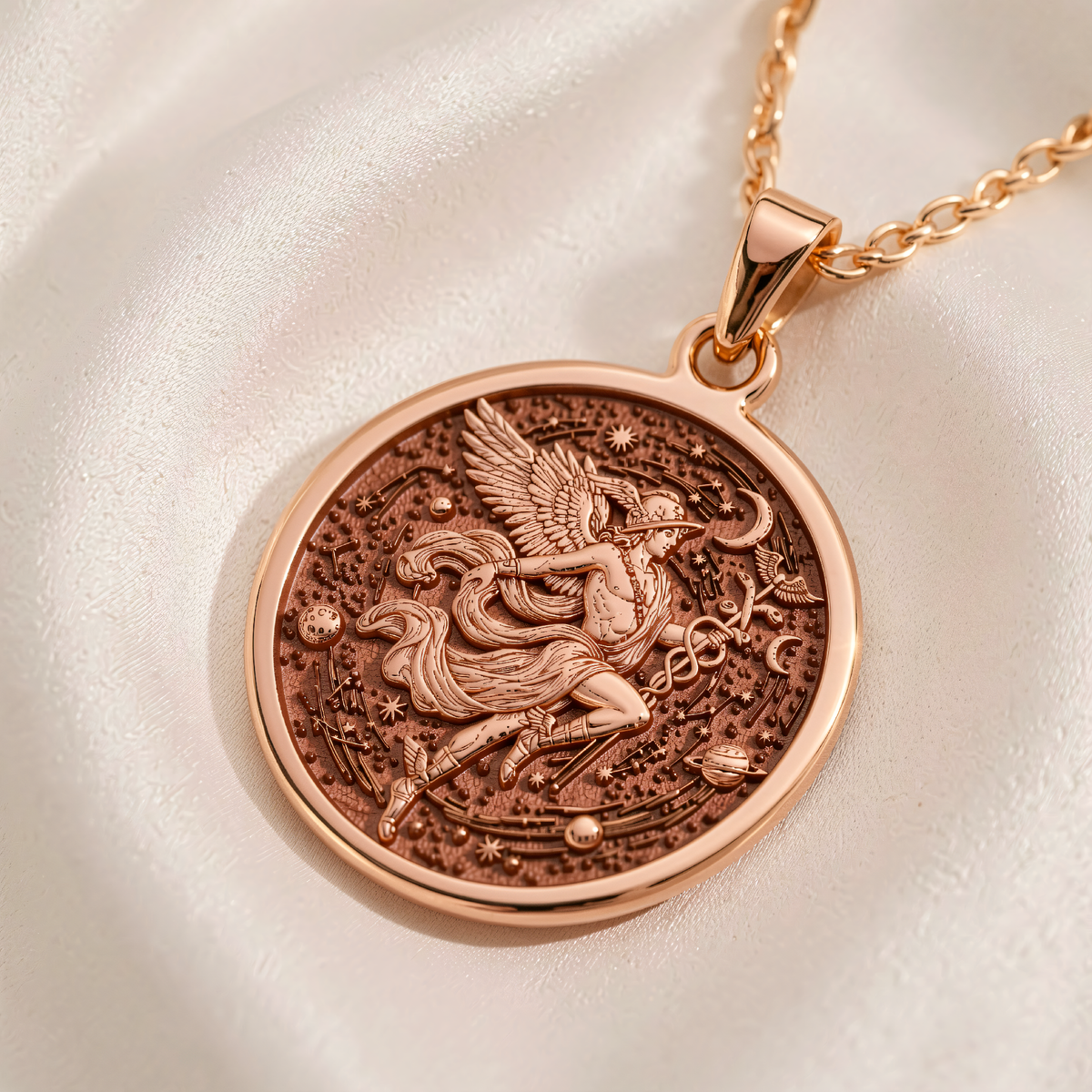 Hermes Medallion Pendant | Silver & Plated Options - Ancient Mythology History Gift - 14K Rose Gold Plated Front View