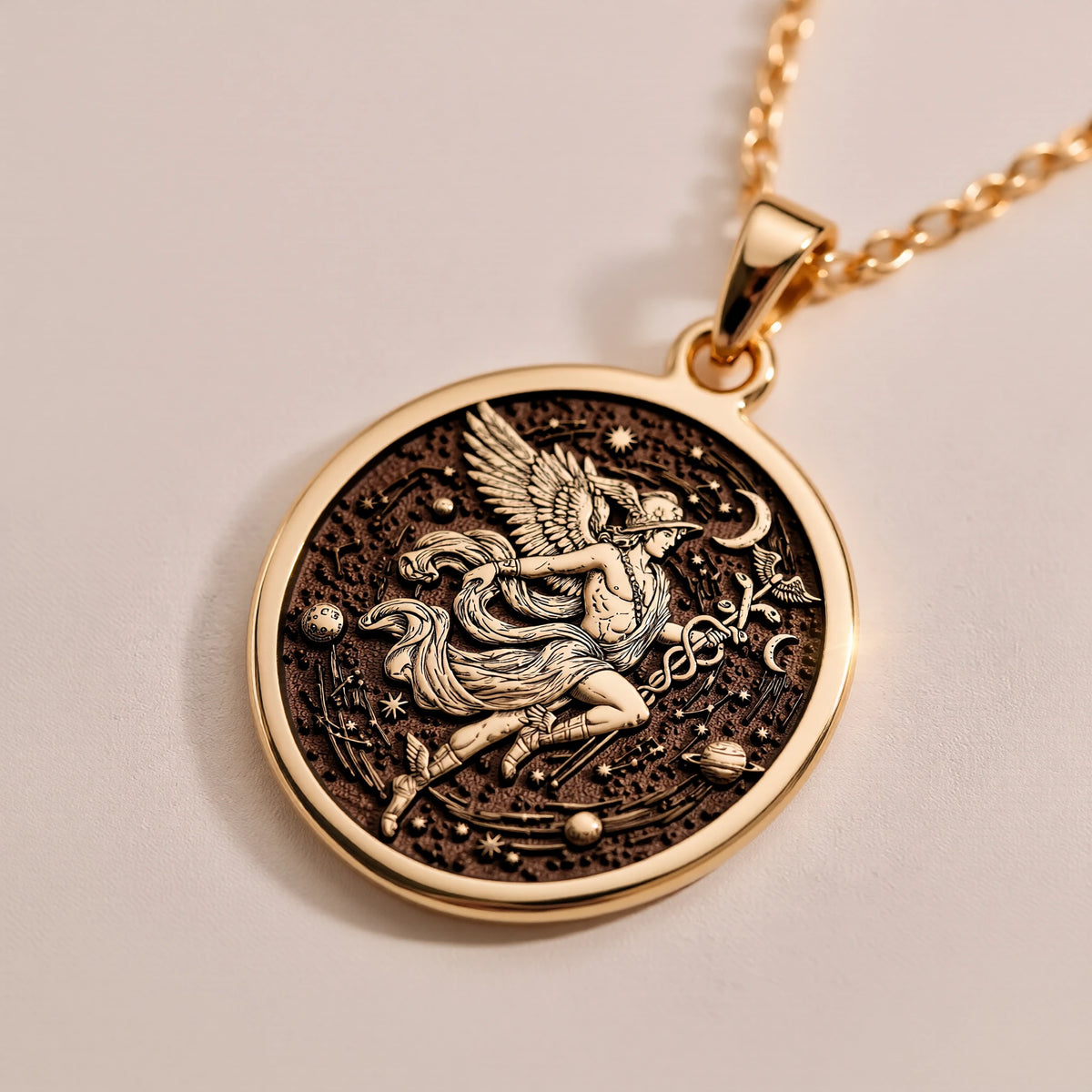 Hermes Medallion Pendant - Ancient Mythology History Gift - Görsel 3, 14k gold hermes