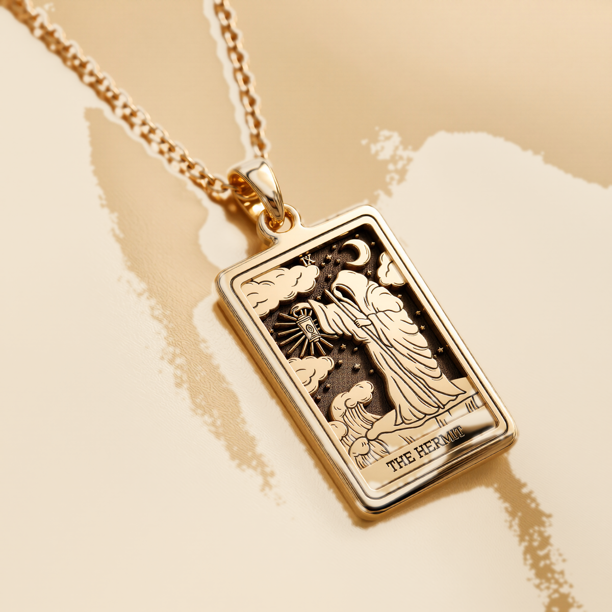 Hermit Figure Necklace Necklaces 14K 14K Gold Plated rectangular pendant featuring a hermit figure and crescent moon design necklace