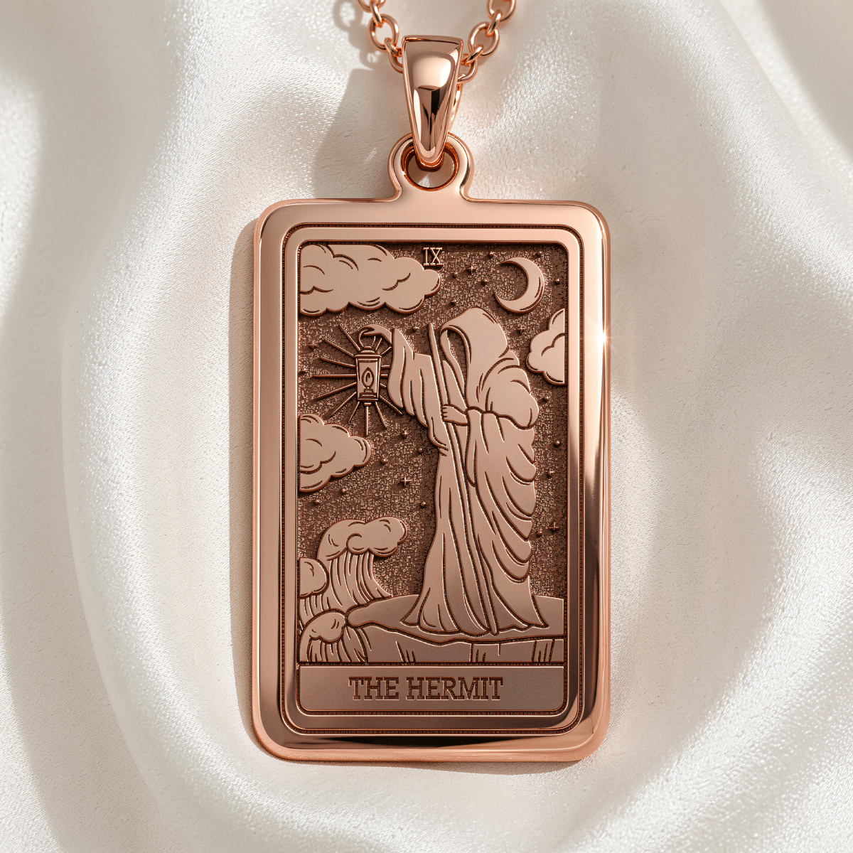 Hermit Tarot Pendant Necklace - Major Arcana Seeker Charm - 14K Rose Gold Plated Front View
