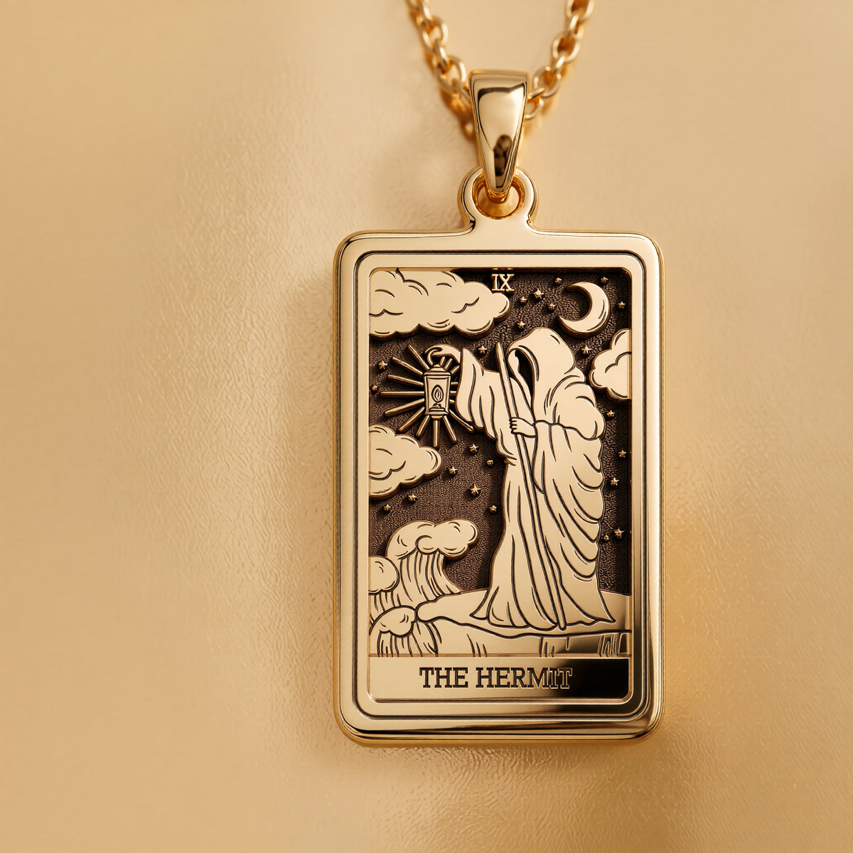 Hermit Tarot Pendant Necklace - Major Arcana Seeker Charm - 14K Gold Plated