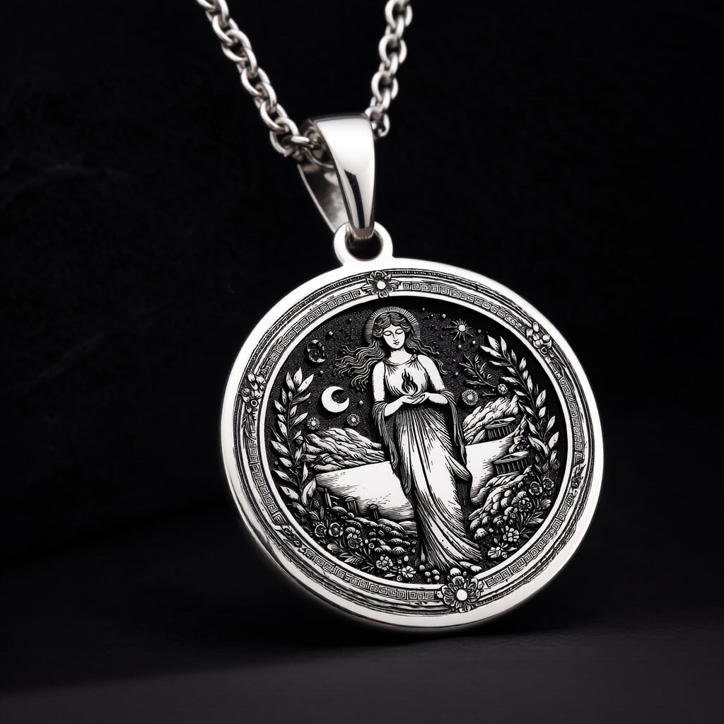 925 Sterling Silver Hestia Goddess Necklace representing the Greek Goddess of Hearth and Home. A meaningful and stylish gift for her, perfect for birthdays, spiritual occasions, or mythology enthusiasts.