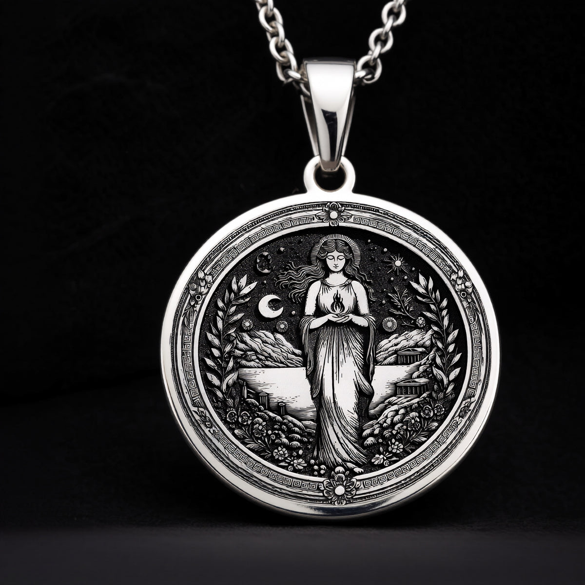 925 Sterling Silver Hestia Goddess Necklace representing the Greek Goddess of Hearth and Home. A meaningful and stylish gift for her, perfect for birthdays, spiritual occasions, or mythology enthusiasts. - View 8