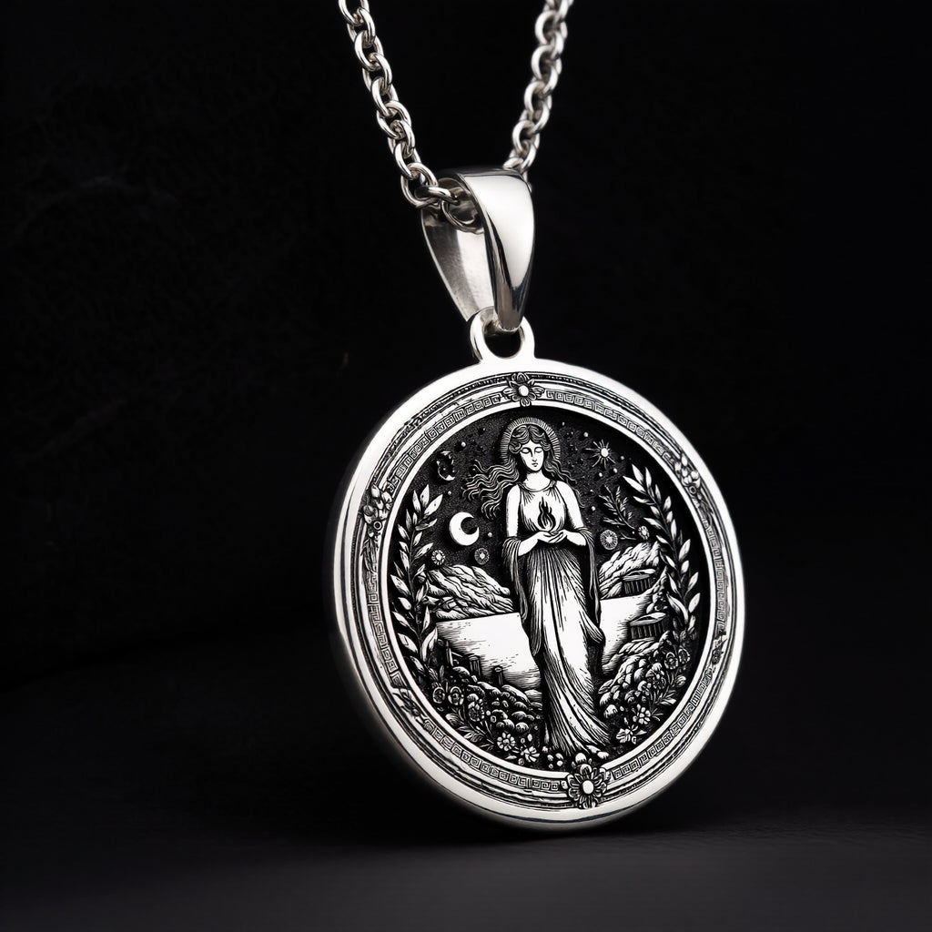925 Sterling Silver Hestia Goddess Necklace representing the Greek Goddess of Hearth and Home. A meaningful and stylish gift for her, perfect for birthdays, spiritual occasions, or mythology enthusiasts. - View 9