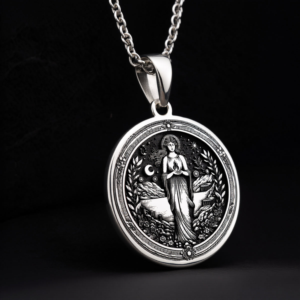 925 Sterling Silver Hestia Goddess Necklace representing the Greek Goddess of Hearth and Home. A meaningful and stylish gift for her, perfect for birthdays, spiritual occasions, or mythology enthusiasts. - View 9