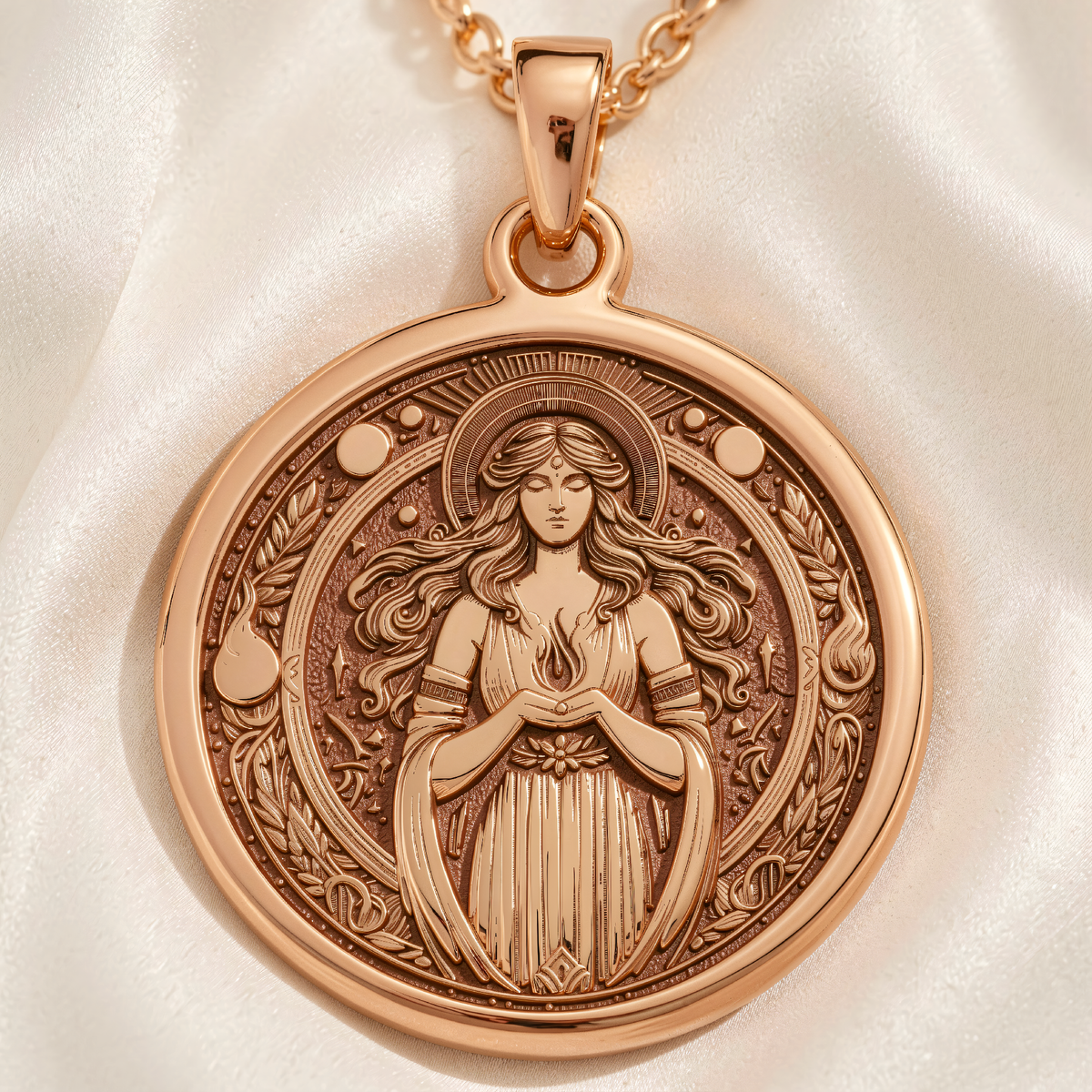 Hestia Goddess Medallion | Silver & Plated Options - Ancient Mythology History Buff Gift - 14K Rose Gold Plated Front View