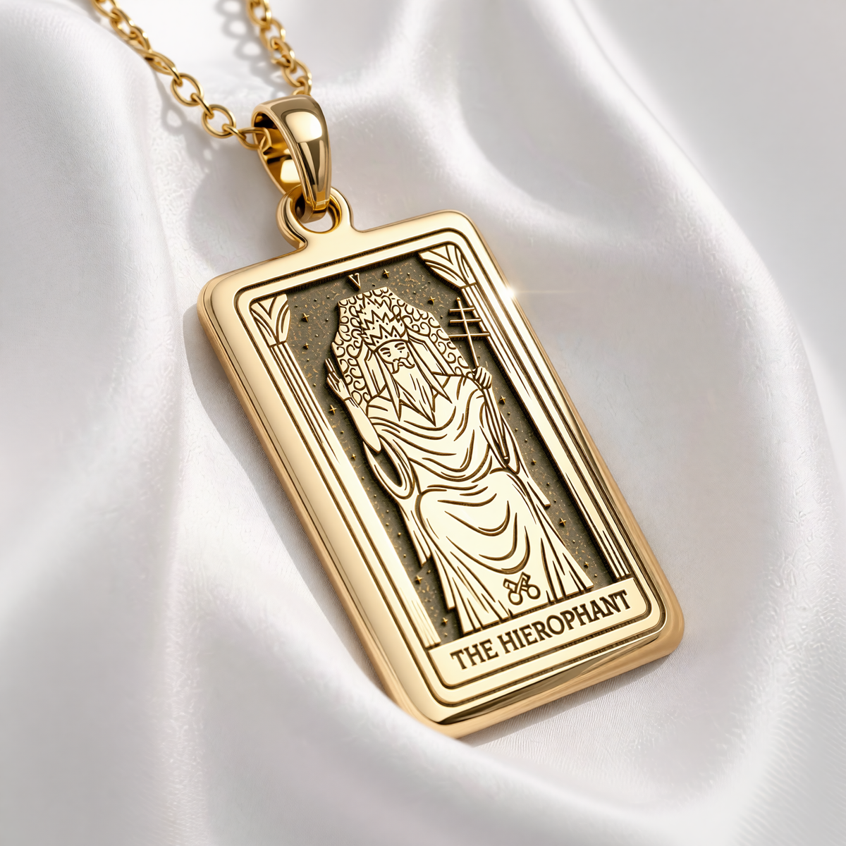 Hierophant Tarot Necklace pendant in gold plated finish, front view showing engraved robed figure and THE HIEROPHANT text.