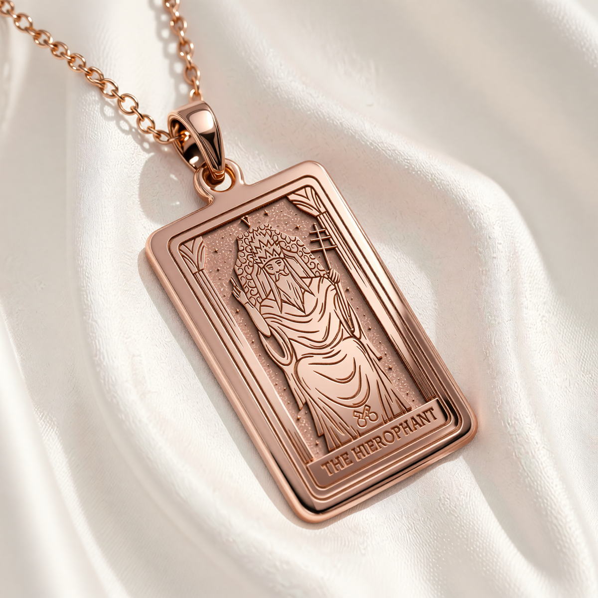 Hierophant Tarot Necklace rose gold plated rectangular pendant with engraved Hierophant figure, staffs and THE HIEROPHANT text.