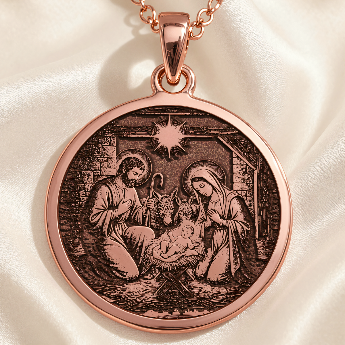 Holy Family Nativity Scene Pendant in a polished rose gold finish.