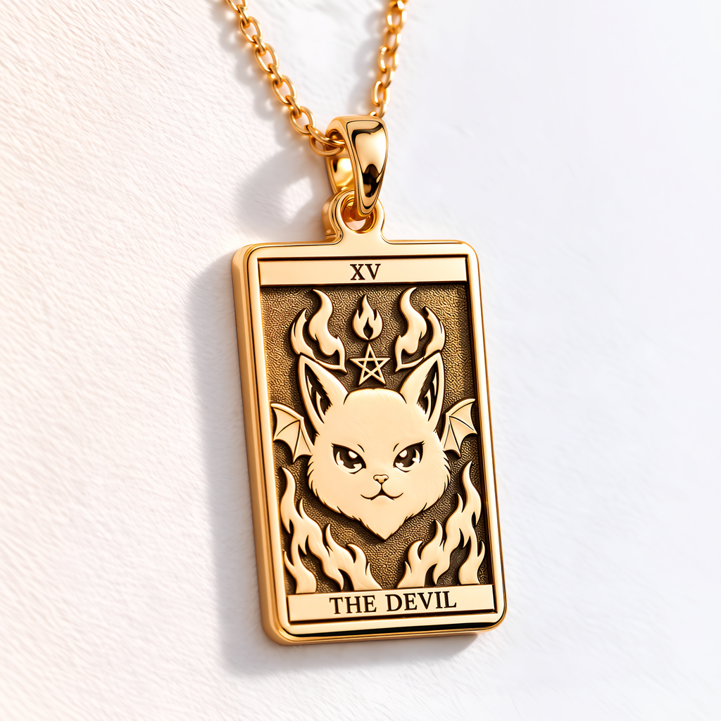 Horned Devil Cat Pendant - 14K Solid Gold, Left Angle View