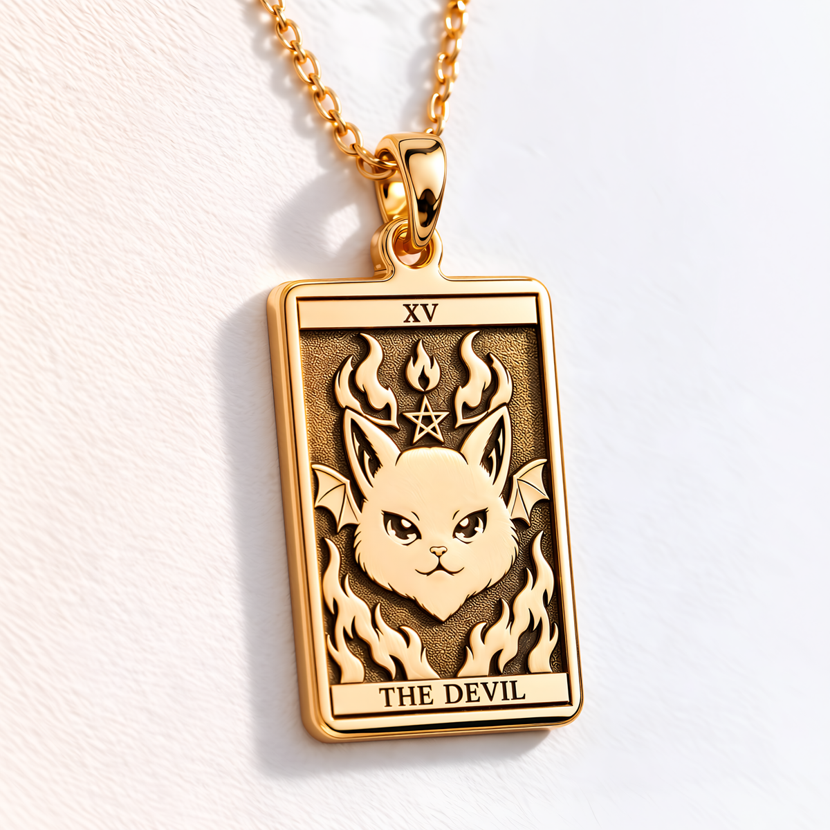Horned Devil Cat Pendant - 14K Solid Gold, Left Angle View