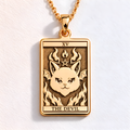 Horned Devil Cat Pendant in a gold finish, shown from the front with detailed engraving on the pendant.