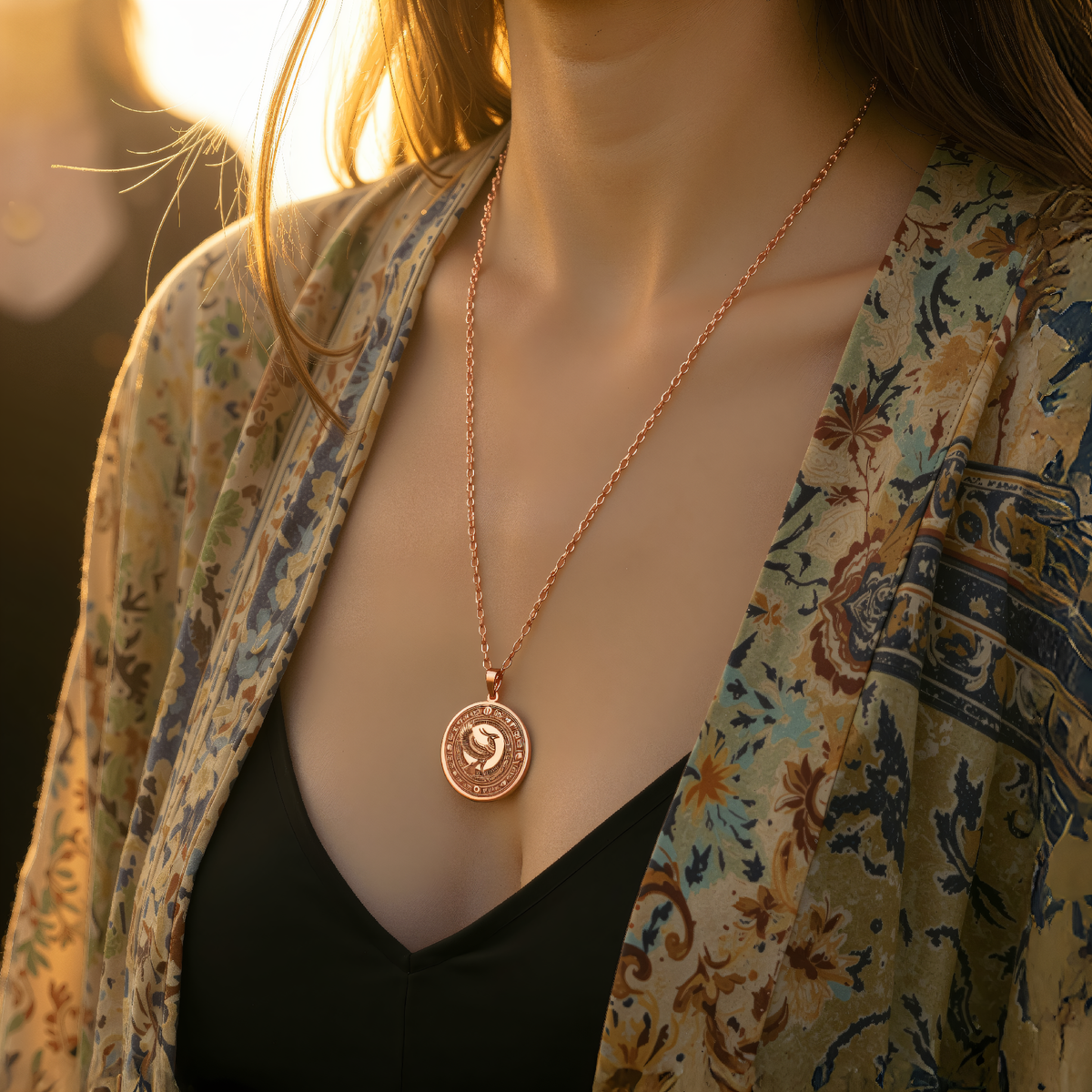 Horus Pendant Necklace - Egyptian Falcon God Amulet in a polished rose gold finish.